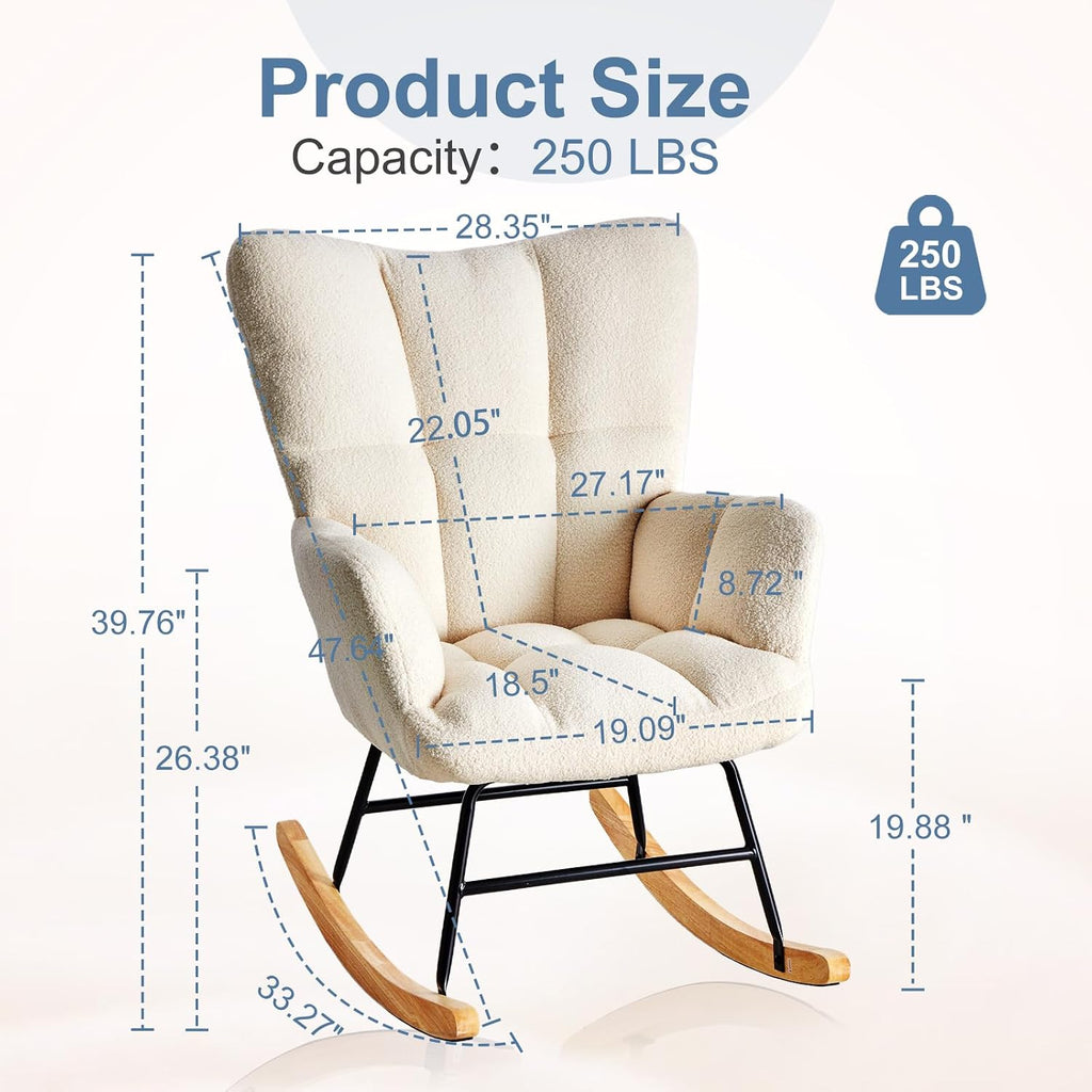 DUMOS Rocking Chair with High Backrest, Teddy Upholstered Indoor Reading Glider Chair with Comfy Seat for Bedroom, Living Room, Office, Beige
