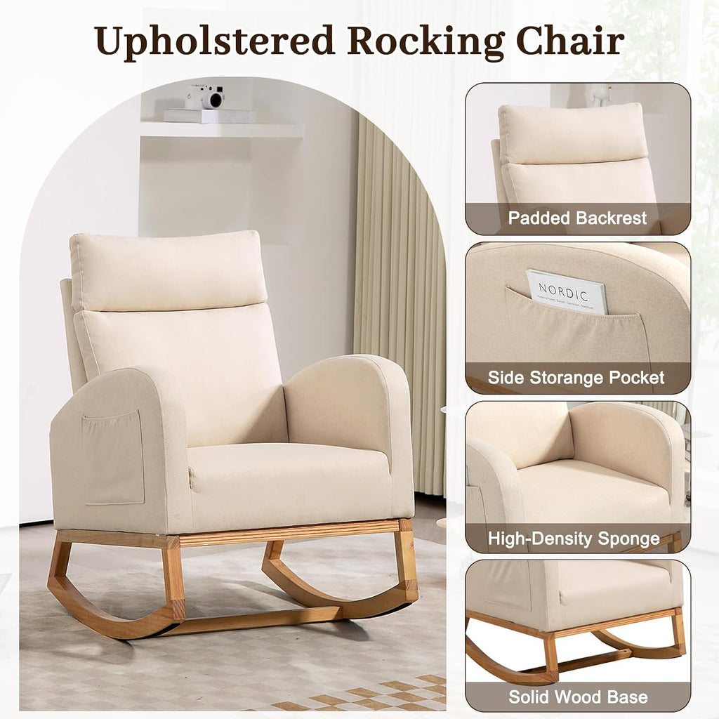 GarveeHome Nursery Glider Chair Rocking Chair, Upholstered Nursery with Rubber Wood Legs, Comfy High Backrest, Side Pockets, Accent Rocker Armchair for Living Room, 27.6' D x 33.9' W x 41.1' H, White