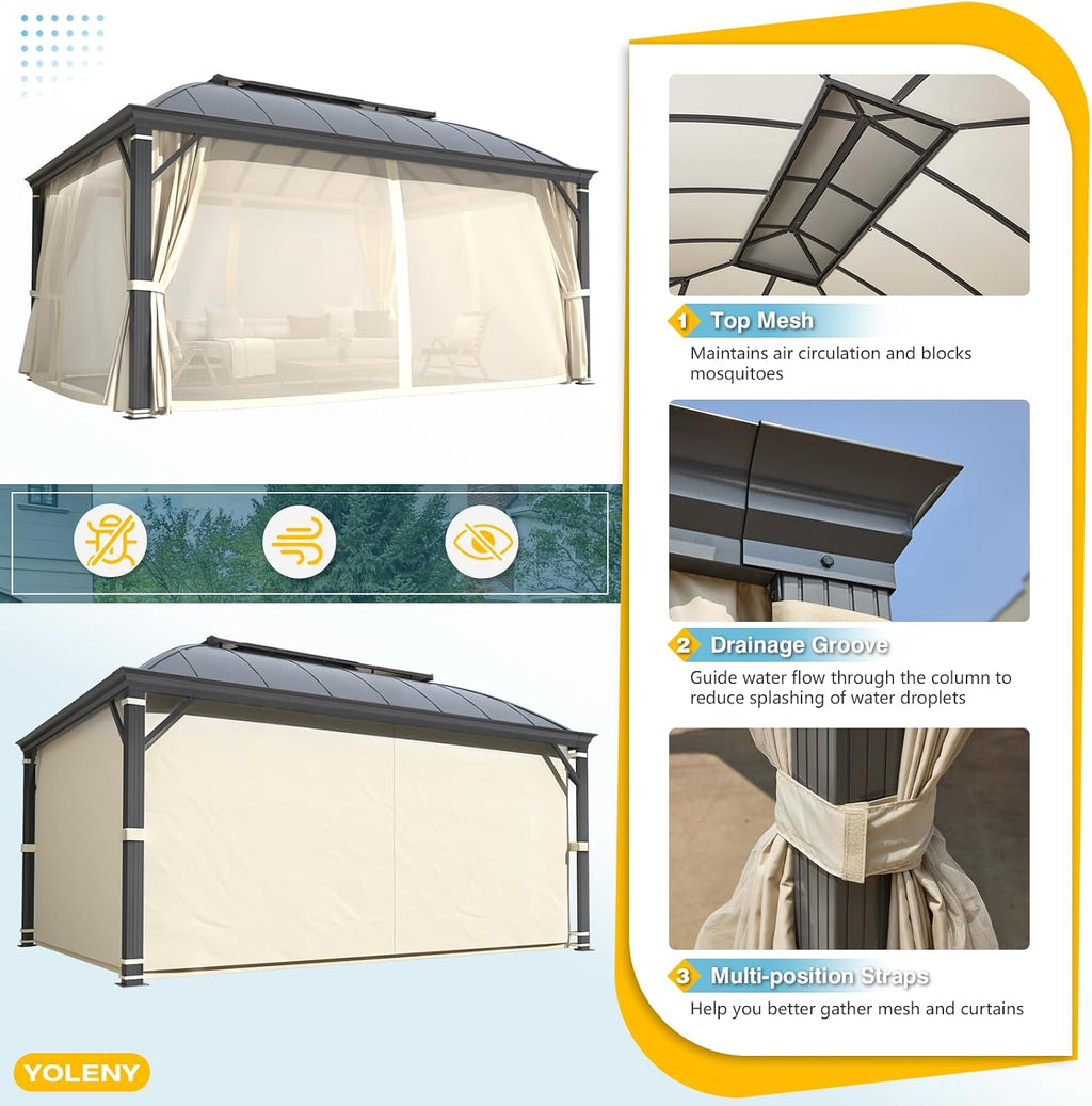 YOLENY 12'x16' Hardtop Gazebo, Permanent Outdoor Aluminum Patio Gazebo with Aluminum Composite Double Arc Roof for Patio Lawn and Garden, Curtains and Netting Included