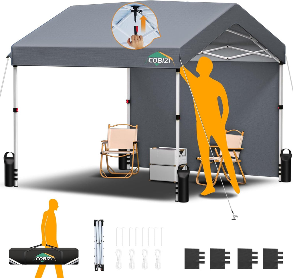 COBIZI 10x10 Pop Up Canopy with One Button Push Center Lock,Ez Up Portable Carport Without sidewall,Waterproof UV50+ Outdoor Party Commercial Carport Canopy with Carry Bag(10 x 10 ft Gray)