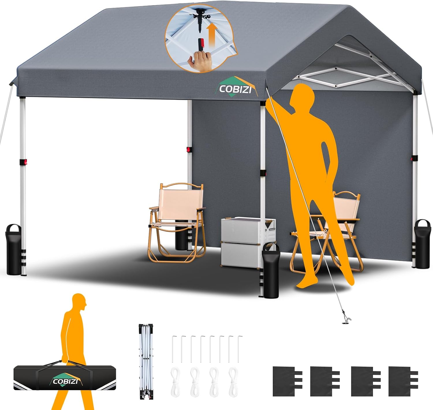 COBIZI 10x10 Pop Up Canopy with One Button Push Center Lock,Ez Up Portable Carport Without sidewall,Waterproof UV50+ Outdoor Party Commercial Carport Canopy with Carry Bag(10 x 10 ft Gray)
