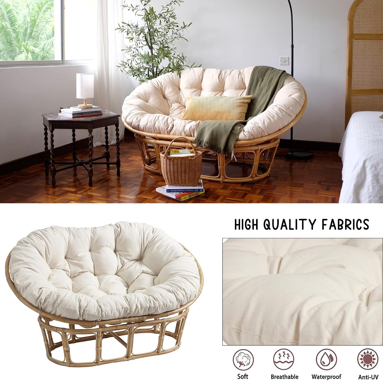 Large Double Papasan Chair Cushion, Outdoor Waterproof Hanging/Egg/Swing/Hammock Chair Cushions Thicken Comfortable Soft Garden Chair Pad Indoor Room Decoration,Waterproof Black,65 * 45 in