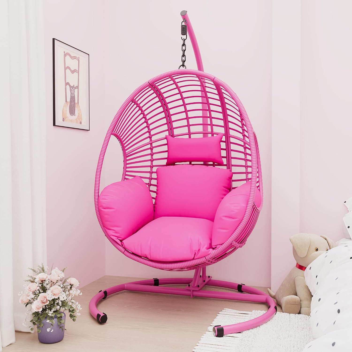 Hanging Egg Chair with Stand - Egg Swing Chair Outdoor Indoor Patio Wicker Chair Swing Hammock Egg Chairs 400lbs Capacity for Outside Patio, Bedroom, Garden and Balcony(Pink, 1PC)
