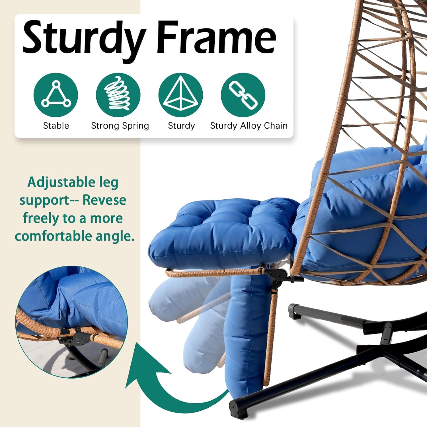 Double Egg Chair with Foldable Stand/Adjustable Canopy 2 Person Outdoor Hammock Swing Chair UV Resistant Removable Cushions for Outdoor Patio Balcony Garden (Blue)