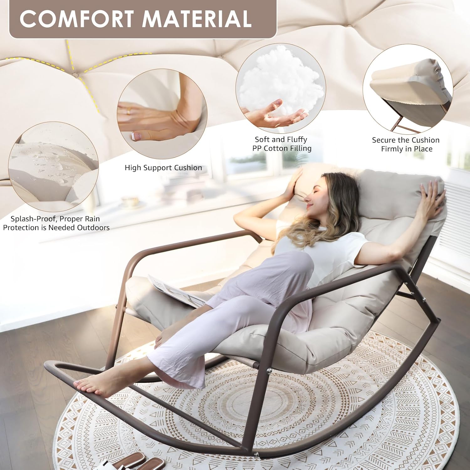 RADIATA Rocking Lounge Chair, Indoor Outdoor Reclining Lounger with Footrest & Cushion, 400lbs Weight Capacity, Comfortable Rocker for Relaxation, Reading and Napping (Beige)