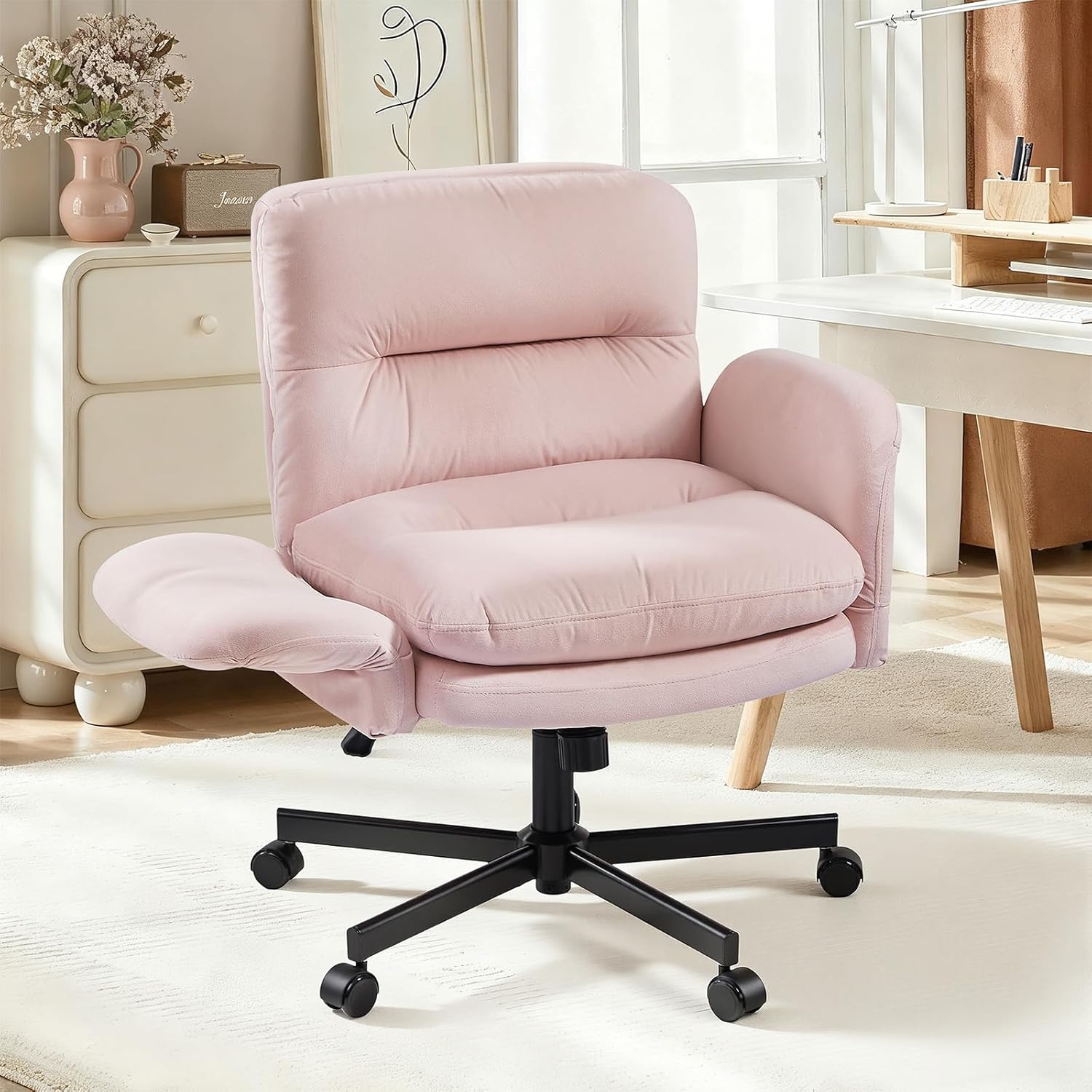 Bestier Criss Cross Chair with Flip-Up Armrests, Swivel Makeup Vanity Chair with Wheels & Side Pockets, Cross Legged Office Chair for Home Office, Bedroom, Pink Velvet