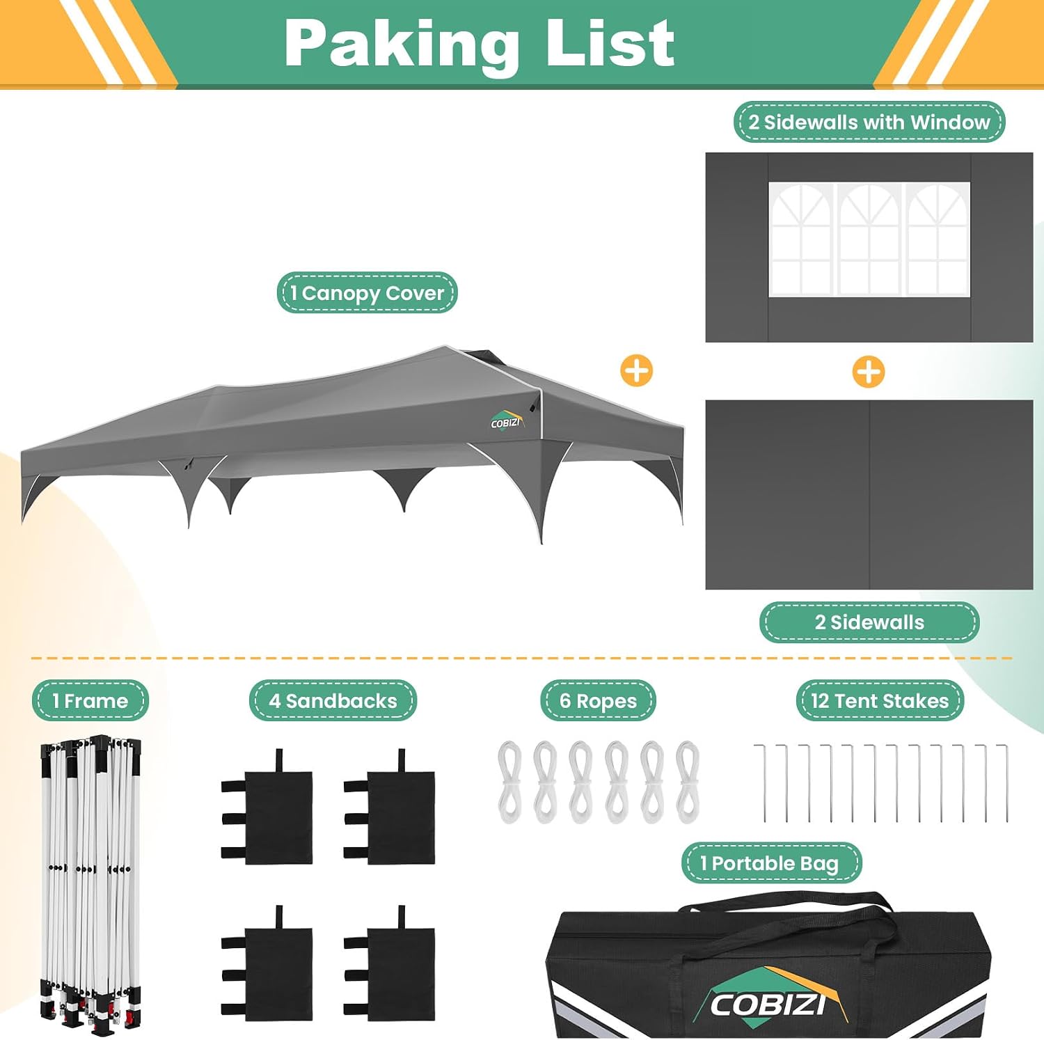 COBIZI 10x20 Pop Up Canopy Tent, Outdoor Party Tent with 4 Sidewalls, 1 Person Easy Set up, Tents for Parties with Fluorescent Strip & 4 Sandbags, Waterproof UPF50+, 3 Adjustable Height, Gray