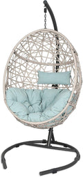 Outdoor Rattan Egg Hanging Swing Chair with Cushions and Stand (Blue)