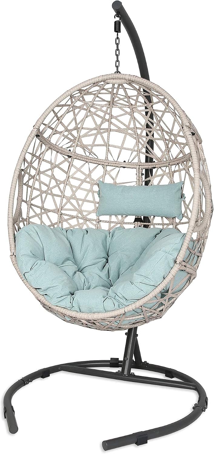 Outdoor Rattan Egg Hanging Swing Chair with Cushions and Stand (Blue)