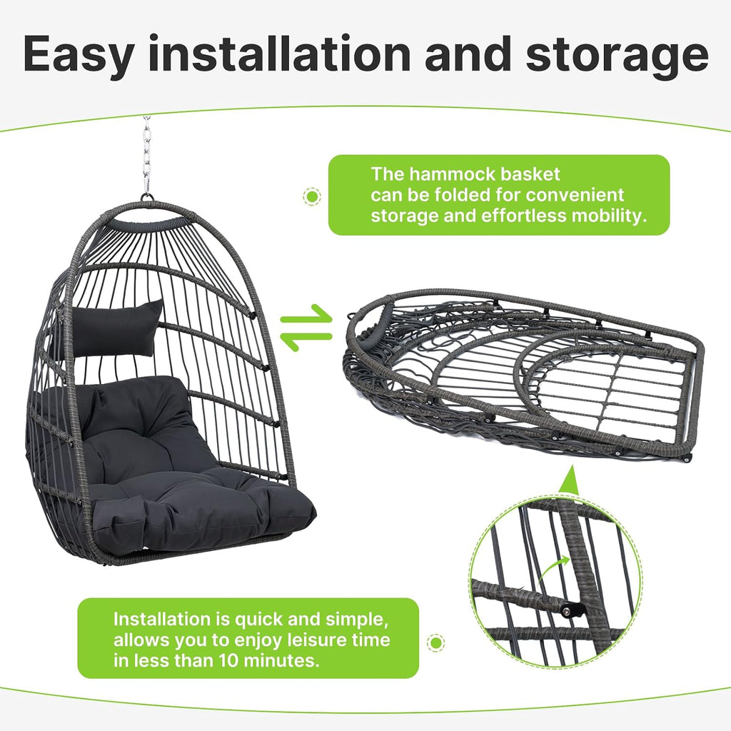 Egg Chair with Stand Outdoor Foldable Patio Wicker Hanging Swing Chairs for Bedroom Balcony with Cushions 350Lbs Indoor Lounge Basket All Weather Hammock Swinging Chair