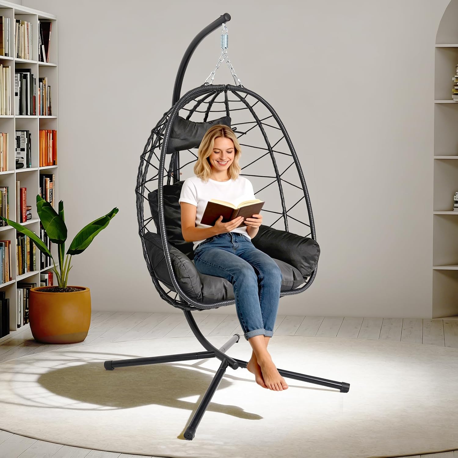 Egg Chair with Stand, Wicker Hanging Chair for Outdoor Patio, Cushioned Hammock Swing for Bedroom Garden Indoor/Outdoor, Double-Zipper Structure Hanging Egg Chair (Black and Black)