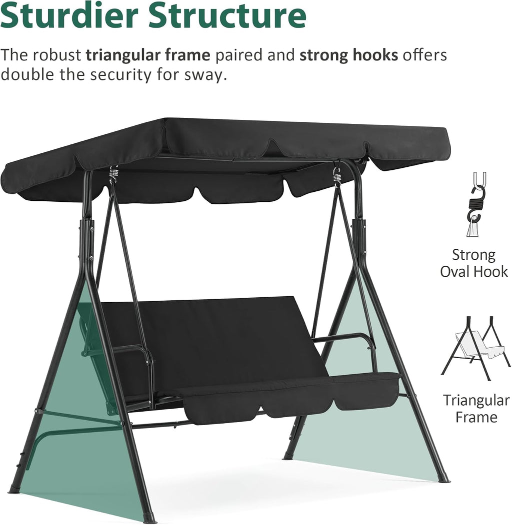 MCombo 2-3 Person Outdoor Patio Swing Chair, Convertible Canopy Hanging Swing Glider Lounge Chair, Removable Cushions, 4003 (Black)