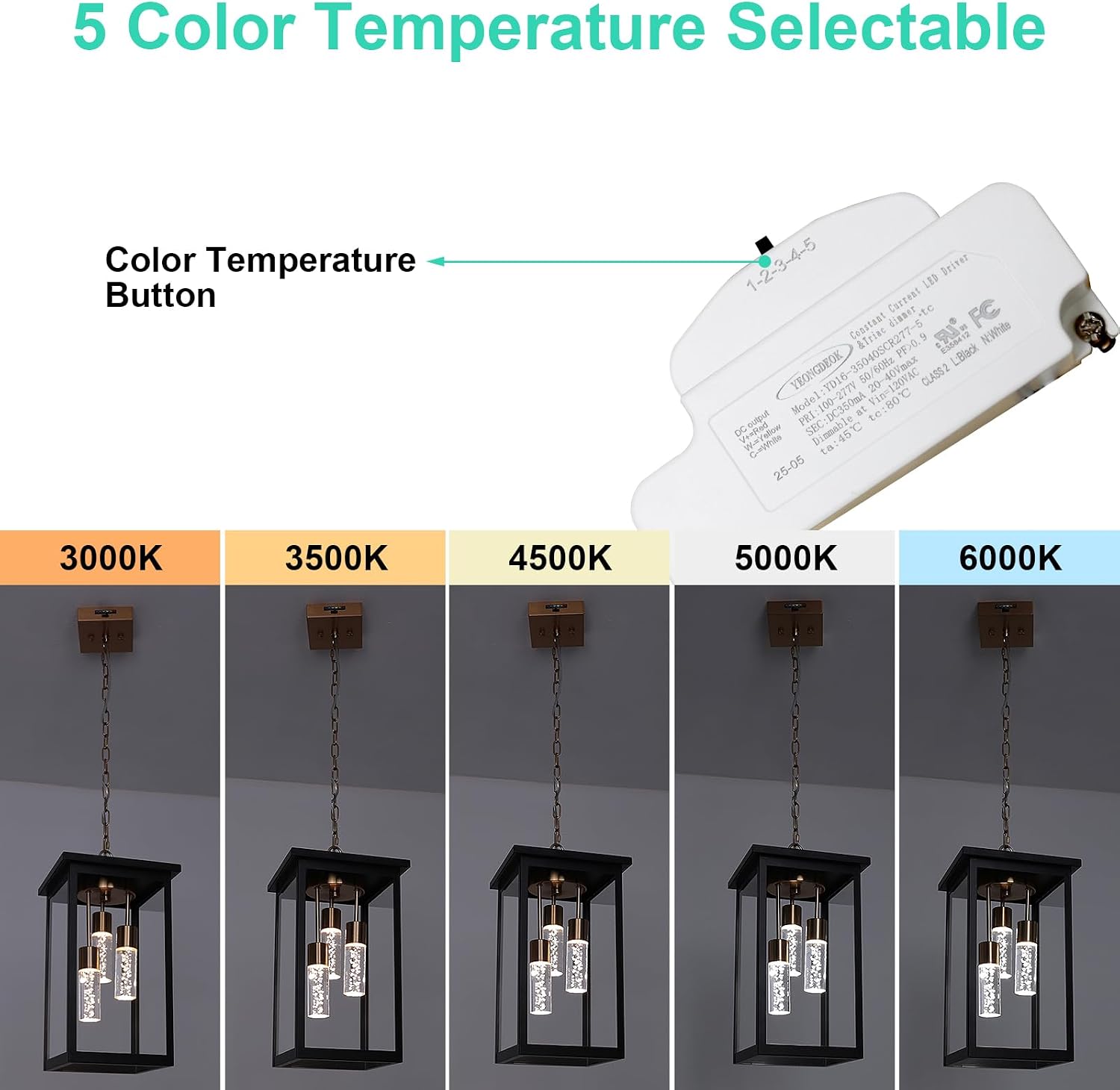Yaohong 17' Large 5CCT LED Outdoor Pendant Light, 3-Lights Modern Black and Brushed Brass Hanging Ceiling Fixture with Acrylic Column & Clear Glass, Weatherproof Chandelier for Porch Gazebo