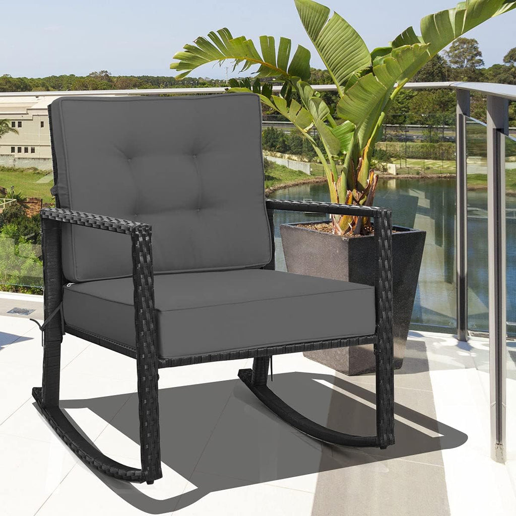 Tangkula 2 Pieces Wicker Rocking Chairs, Outdoor Glider Rattan Rocker Chair with Heavy-Duty Steel Frame, Patio Wicker Furniture Seat with 5' Thick Cushion for Garden, Porch, Backyard, Poolside