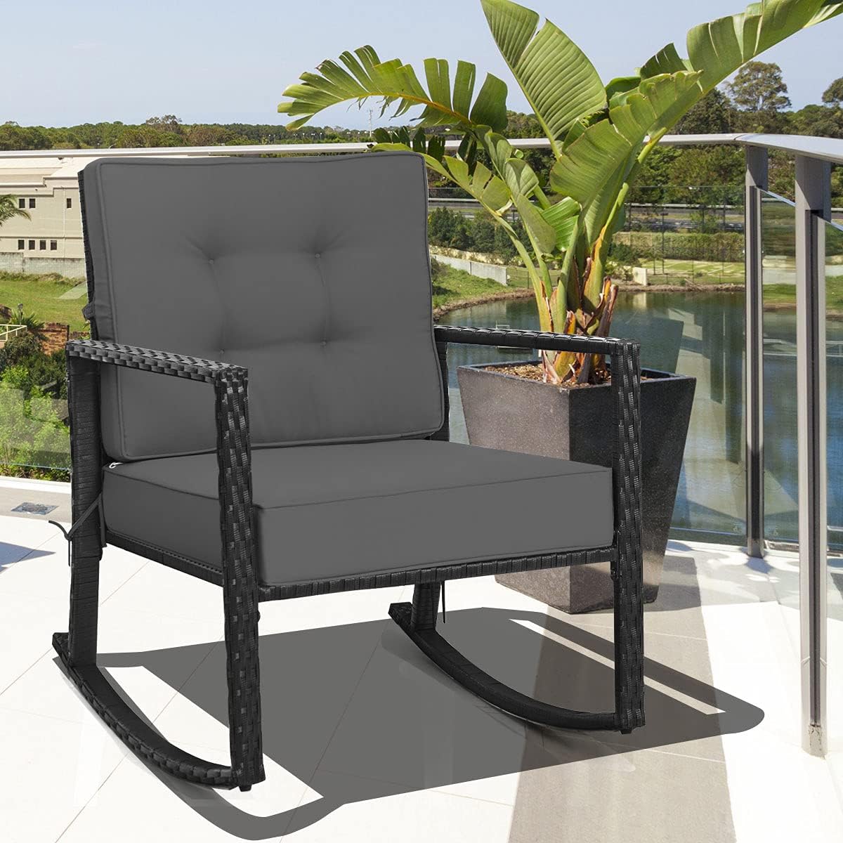 Tangkula 2 Pieces Wicker Rocking Chairs, Outdoor Glider Rattan Rocker Chair with Heavy-Duty Steel Frame, Patio Wicker Furniture Seat with 5' Thick Cushion for Garden, Porch, Backyard, Poolside