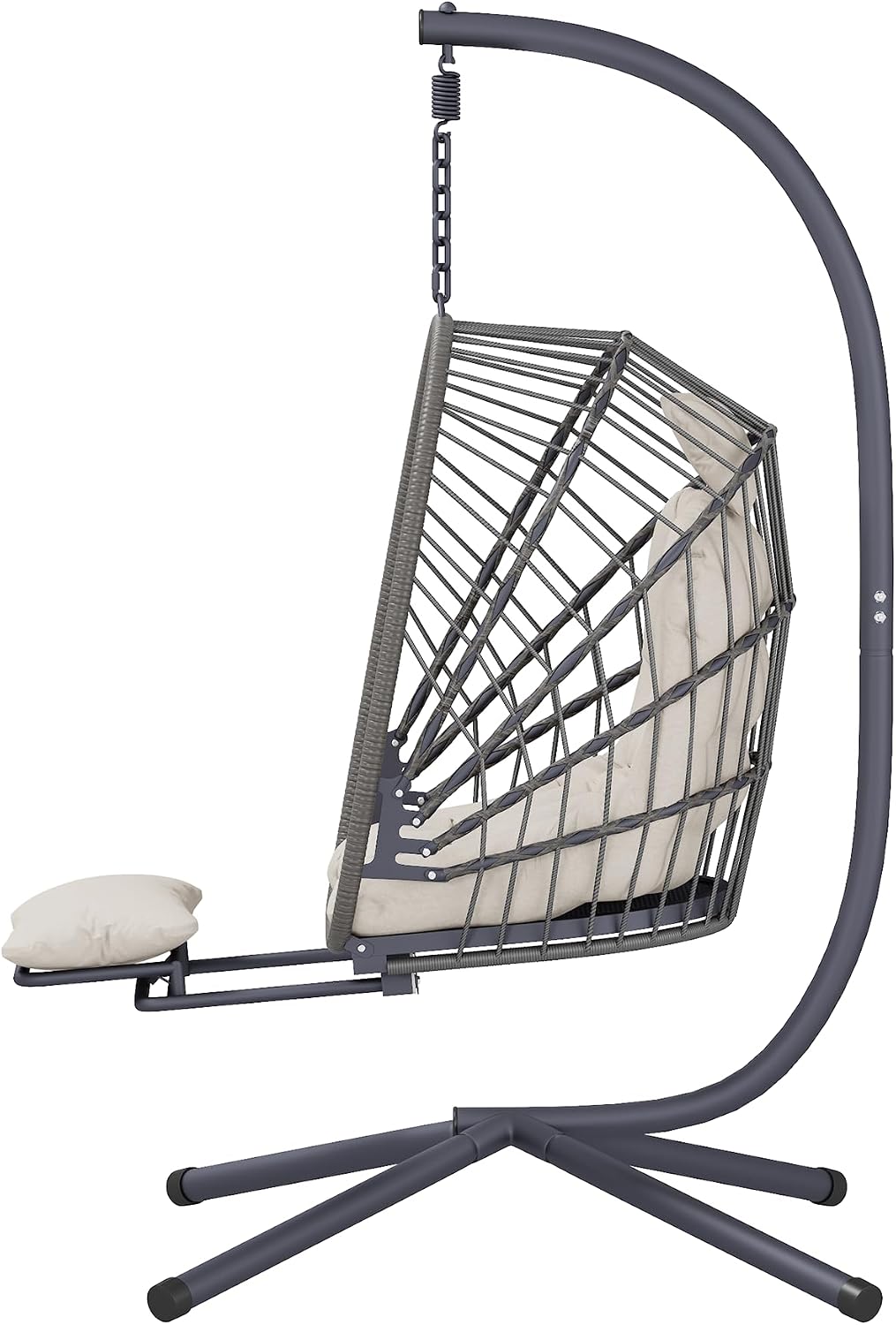 Outdoor Egg Swing Chair with Stand and Footrest, Comfy Patio Hammock Hanging Rocking Egg Chair with Cushion for Bedroom Indoor, Dark Gray (Beige)