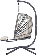 Outdoor Egg Swing Chair with Stand and Footrest, Comfy Patio Hammock Hanging Rocking Egg Chair with Cushion for Bedroom Indoor, Dark Gray (Beige)