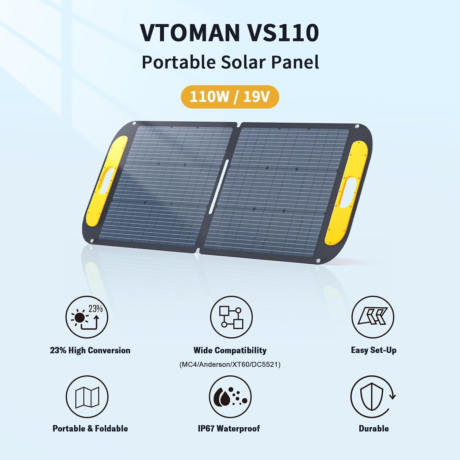 VTOMAN Portable Solar Panel for Solar Generator, 110W 19V Folding Solar Charger with 23% Efficiency, IP67 Waterproof and Adjustable Kickstands Design for Camping, RV, Outdoor Adventures (VS110)