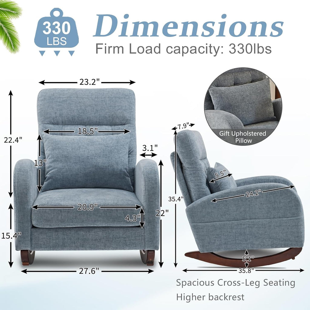 VINGLI Chenille Low Seat Nursery Rocking Chair,Upholstered Comfy Rocker Glider Chair with Side Pockets, Accent Arm Chair with High Backrest,Solid Wood Base for Living Room Bedroom Balcony,Blue