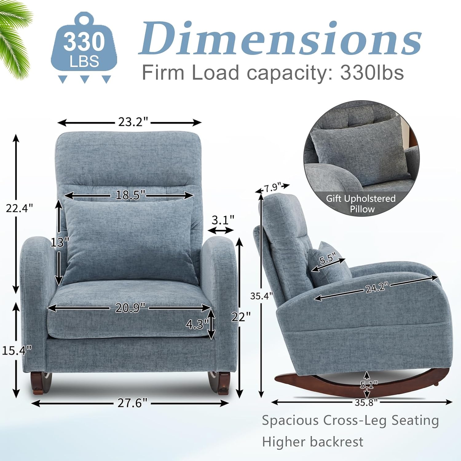 VINGLI Chenille Low Seat Nursery Rocking Chair,Upholstered Comfy Rocker Glider Chair with Side Pockets, Accent Arm Chair with High Backrest,Solid Wood Base for Living Room Bedroom Balcony,Blue
