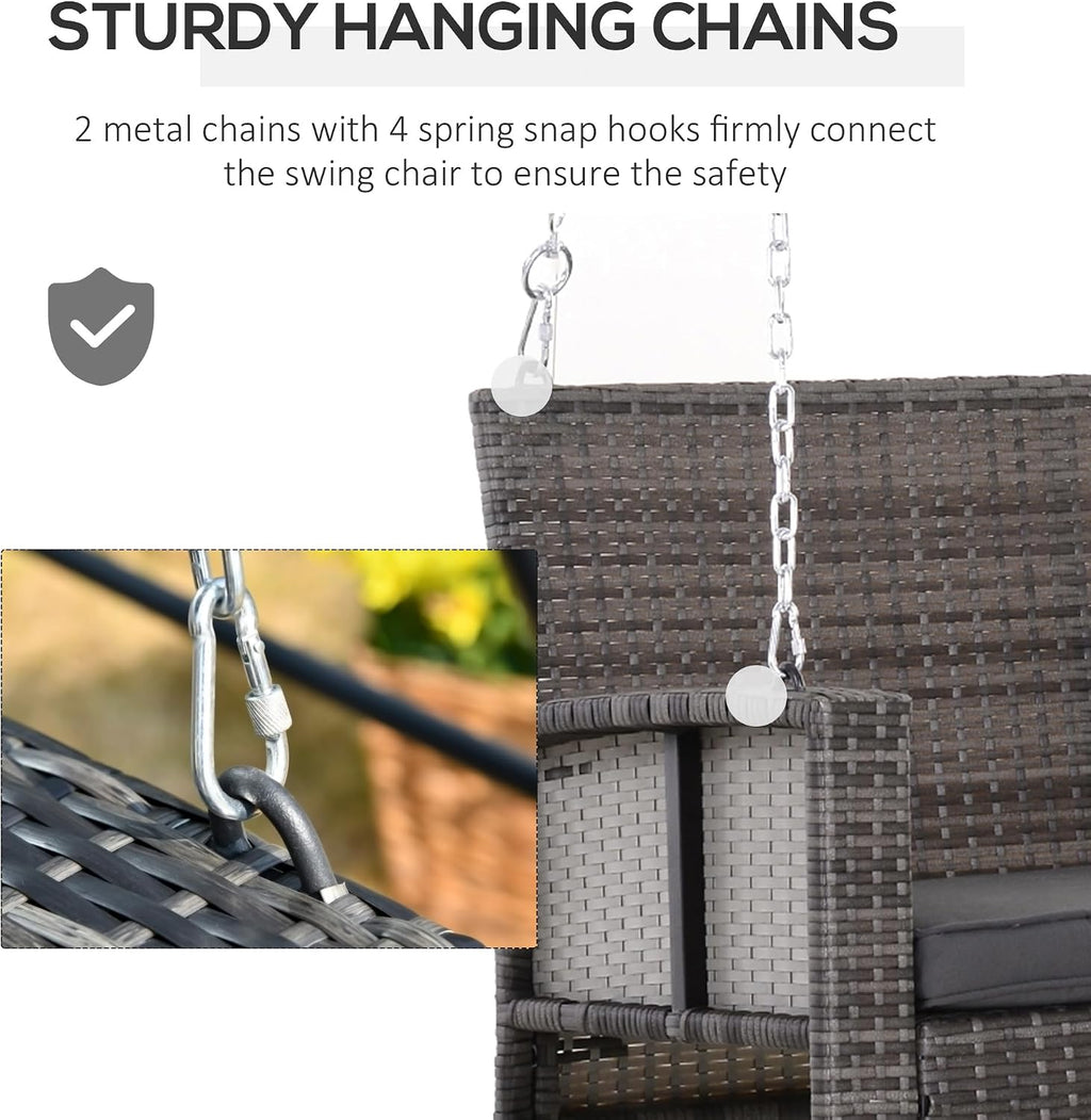 Outsunny 2 Person Wicker Hanging Swing Bench, Front Porch Swing Outdoor Chair with Cushions 550 lbs. Weight Capacity for Backyard, Garden, Grey
