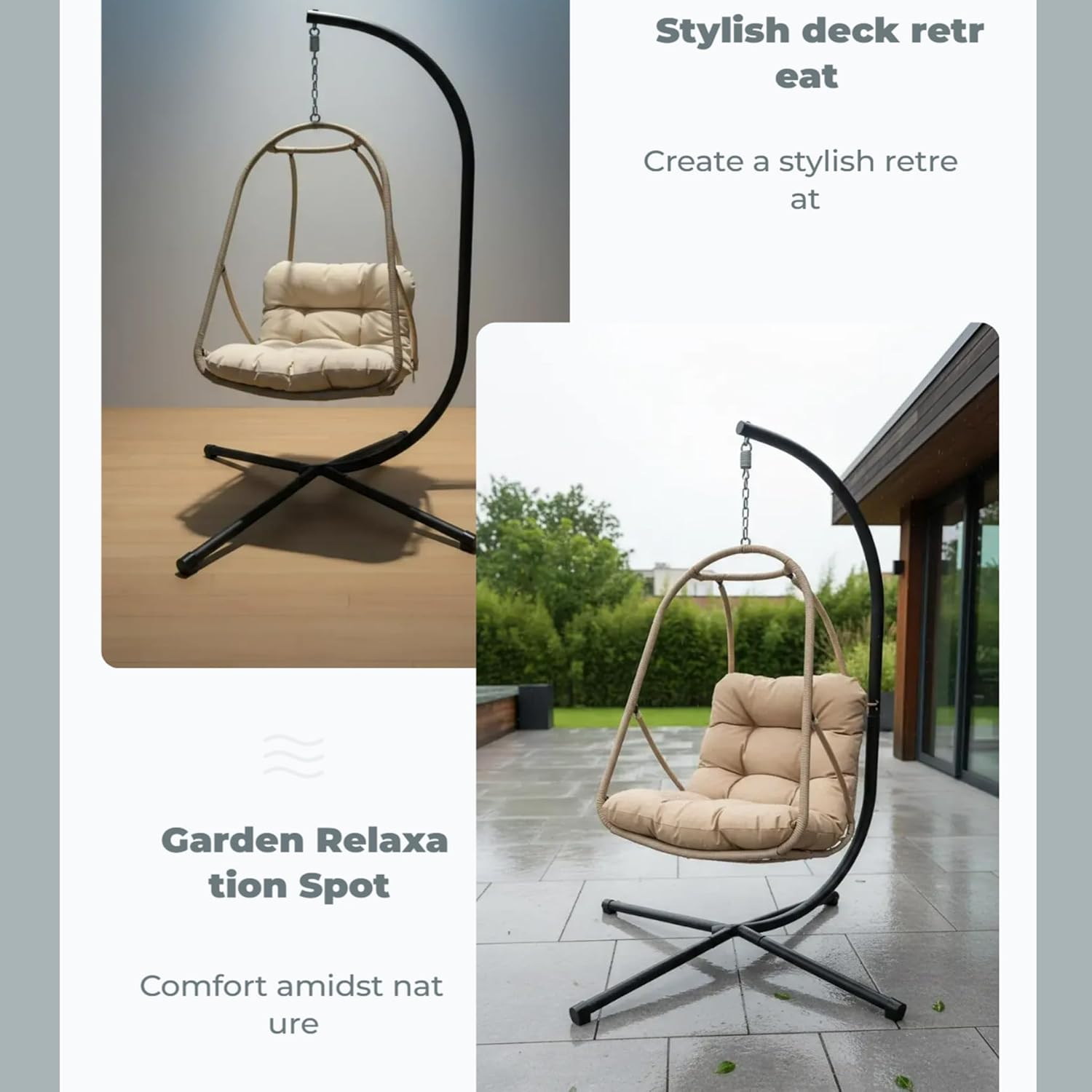 JESE Swing Egg Chair with Stand – UV Resistant Waterproof Cushion & Cup Holder Included, Indoor/Outdoor Hanging Hammock Chair for Patio, Bedroom, Balcony, Garden (Khaki)