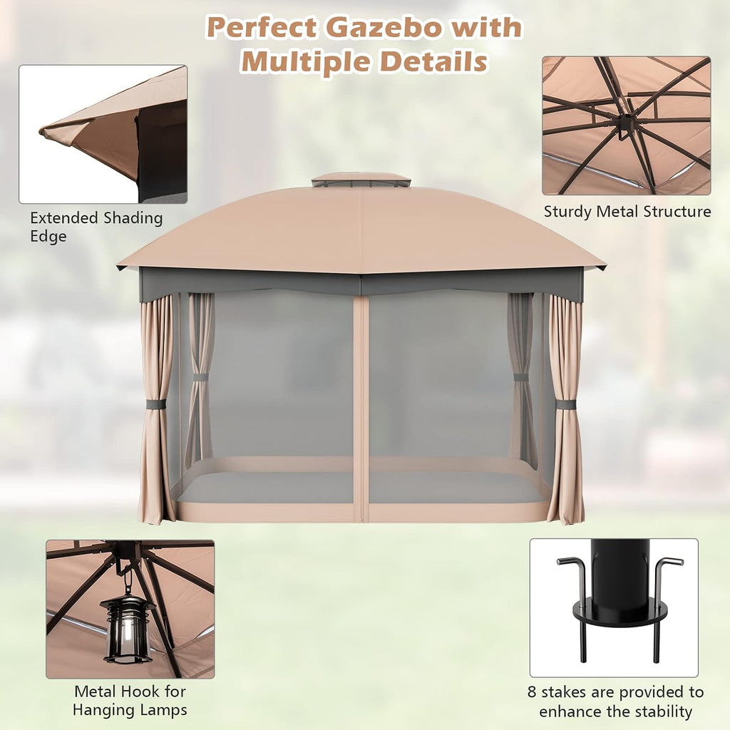 Tangkula 10x12 Ft Patio Gazebo, Double Vented Gazebo with Zippered Privacy Curtains, Mesh Screen Netting, Outdoor Steel Gazebo for Deck, Garden, Yard, Poolside (Brown)
