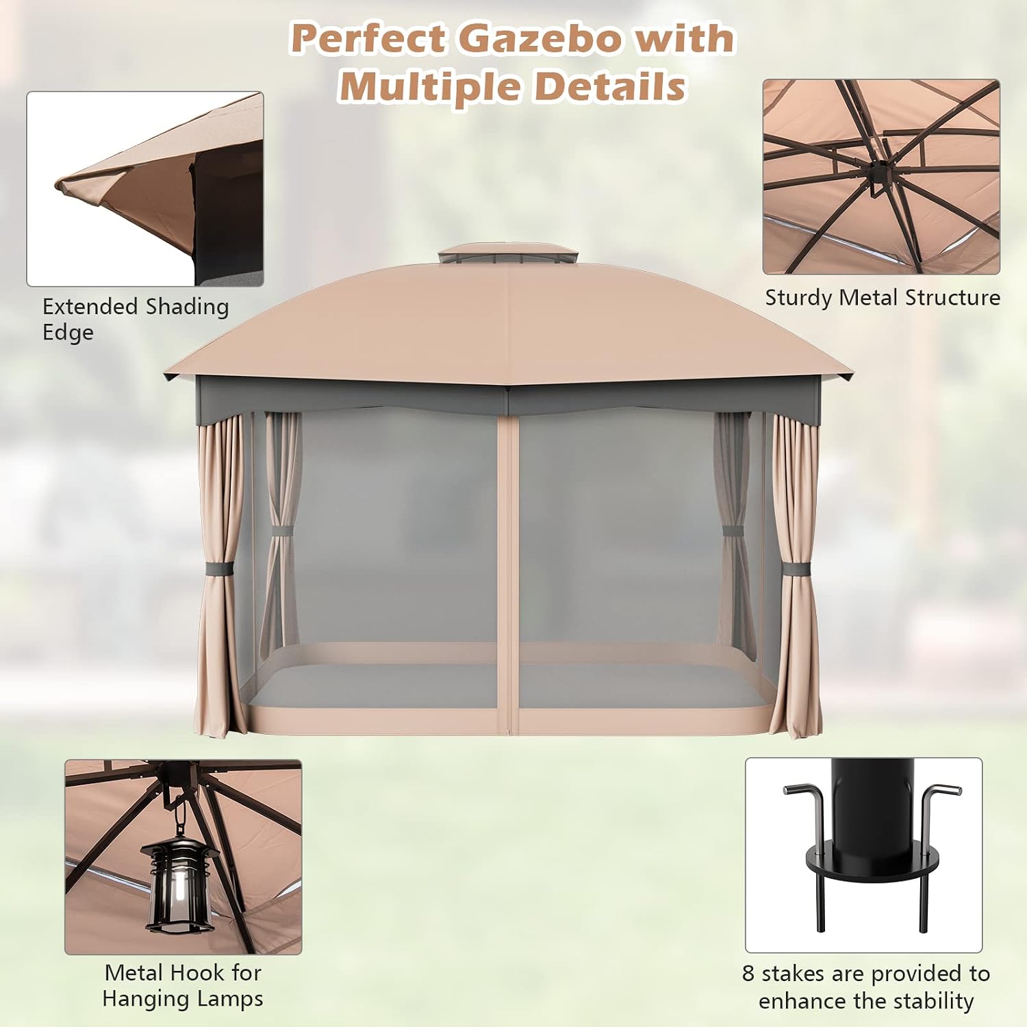 Tangkula 10x12 Ft Patio Gazebo, Double Vented Gazebo with Zippered Privacy Curtains, Mesh Screen Netting, Outdoor Steel Gazebo for Deck, Garden, Yard, Poolside (Brown)