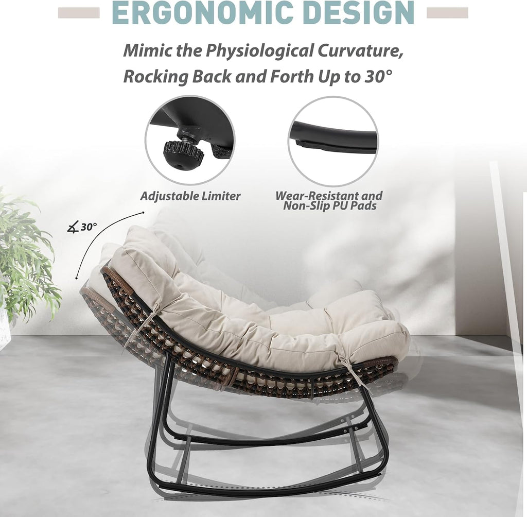 Outdoor Papasan Rocking Chair Oversized - Rocking Chair with Soft Cushion, 30° Rocker Egg Chair for Patio, Front Porch, Backyard, Living Room, Beige