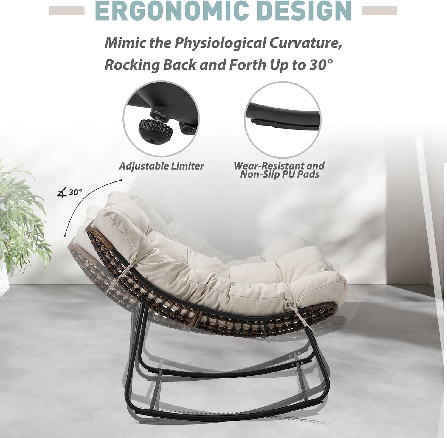 Outdoor Papasan Rocking Chair Oversized - Rocking Chair with Soft Cushion, 30° Rocker Egg Chair for Patio, Front Porch, Backyard, Living Room, Beige