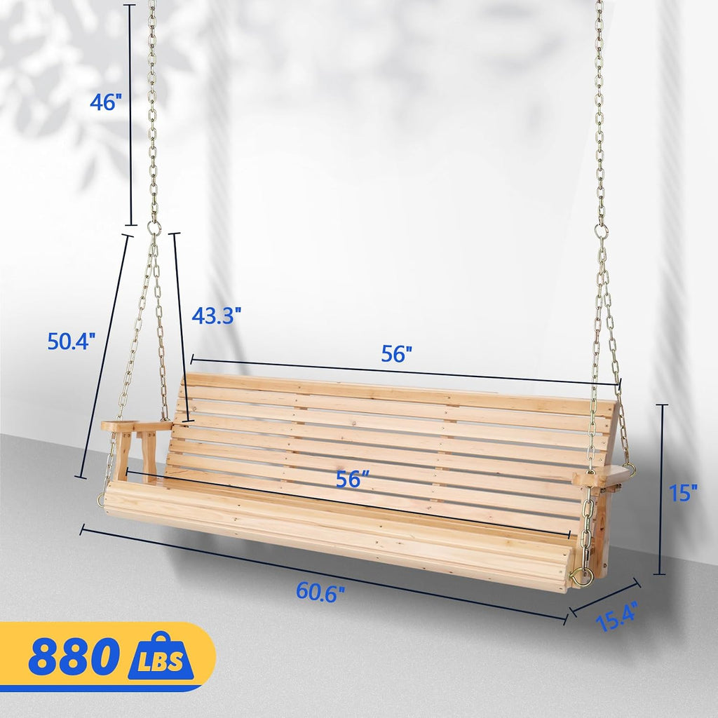 VINGLI Upgraded Patio Wooden Porch Swing for Courtyard & Garden, Heavy Duty 880 LBS Swing Chair Bench with Hanging Chains for Outdoors (Natural, 5 FT)