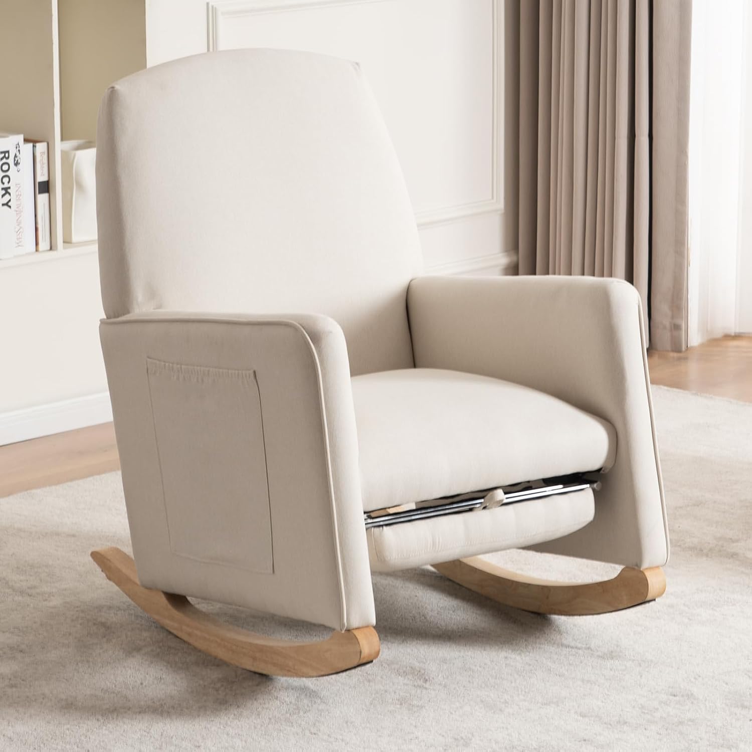 FOXHUNTER Rocking Chair Nursery with Adjustable Footrest and High Backrest, Upholstered Glider Chairs with Side Pockets for Nursery, Rocker Armchair Indoor for Living Room,Beige