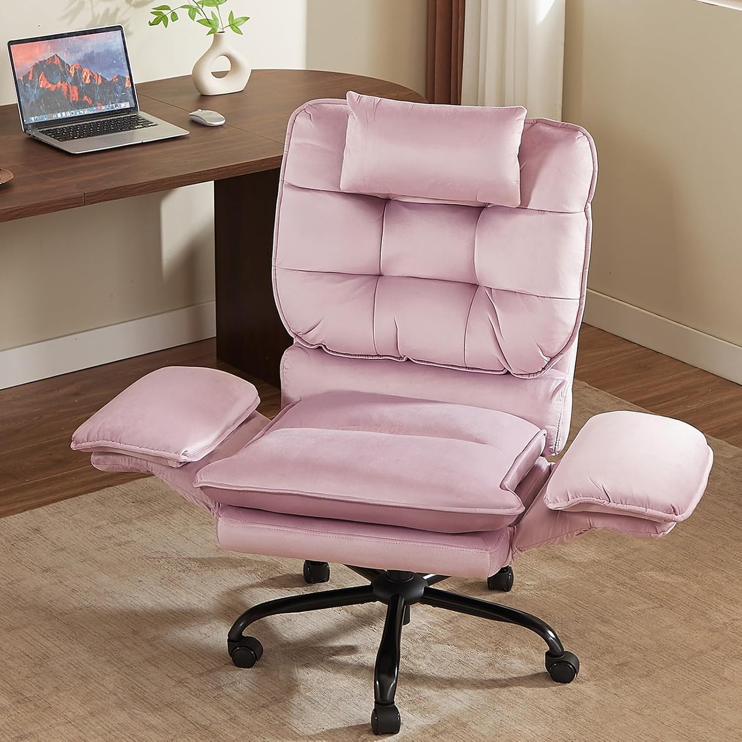 Bestier Criss Cross Chair with Flip-Up Armrests and Headrest, 135° Reclining Swivel Executive Chair with Side Pockets, Big and Tall Computer Desk Chair for Home Office Bedroom, Pink Velvet