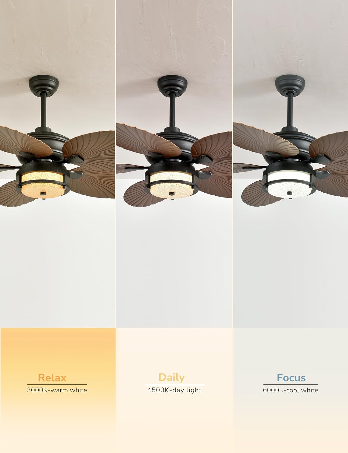 Orison 52'' Outdoor Ceiling Fan with Lights, Tropical Palm Leaf Fan, Wet Rated for Patio, Porch & Gazebo, Dimmable LED, 6-Speed, Remote & App Control, Plug-in/Flush Mount, Bronze