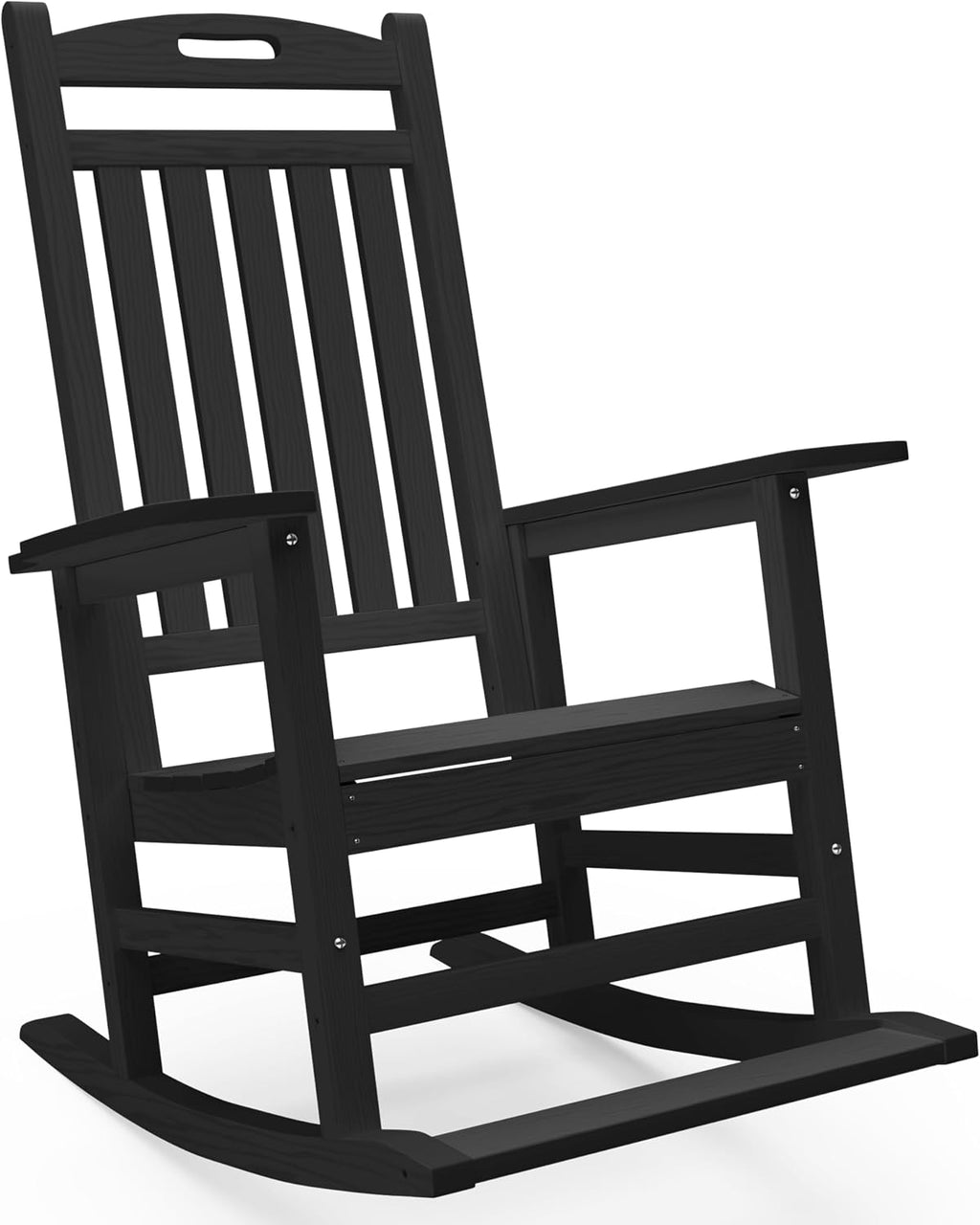 PLUUV Outdoor Rocking Chair, HDPE Patio Rocking Chairs with Footboard, All Weather Porch Rockers Outdoor for Adult, Effortless Installation, Black