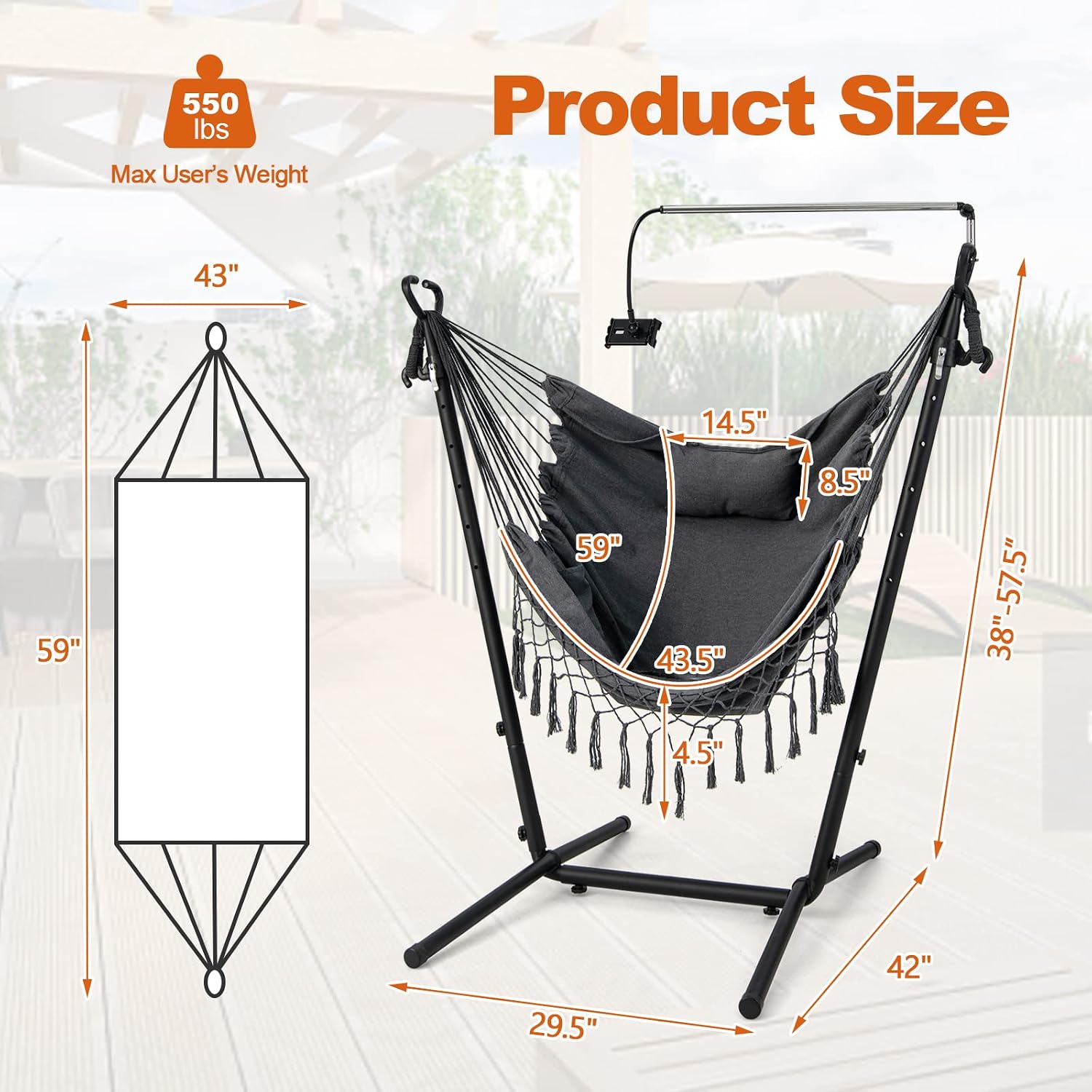 Giantex Hanging Swing with Stand - Hammock Chair with Phone Holder, Pillow, Storage Pocket, Carrying Bag, 6 Adjustable Height, Heavy Duty Metal Hammock for Patio Garden Yard, 550 lbs Capacity