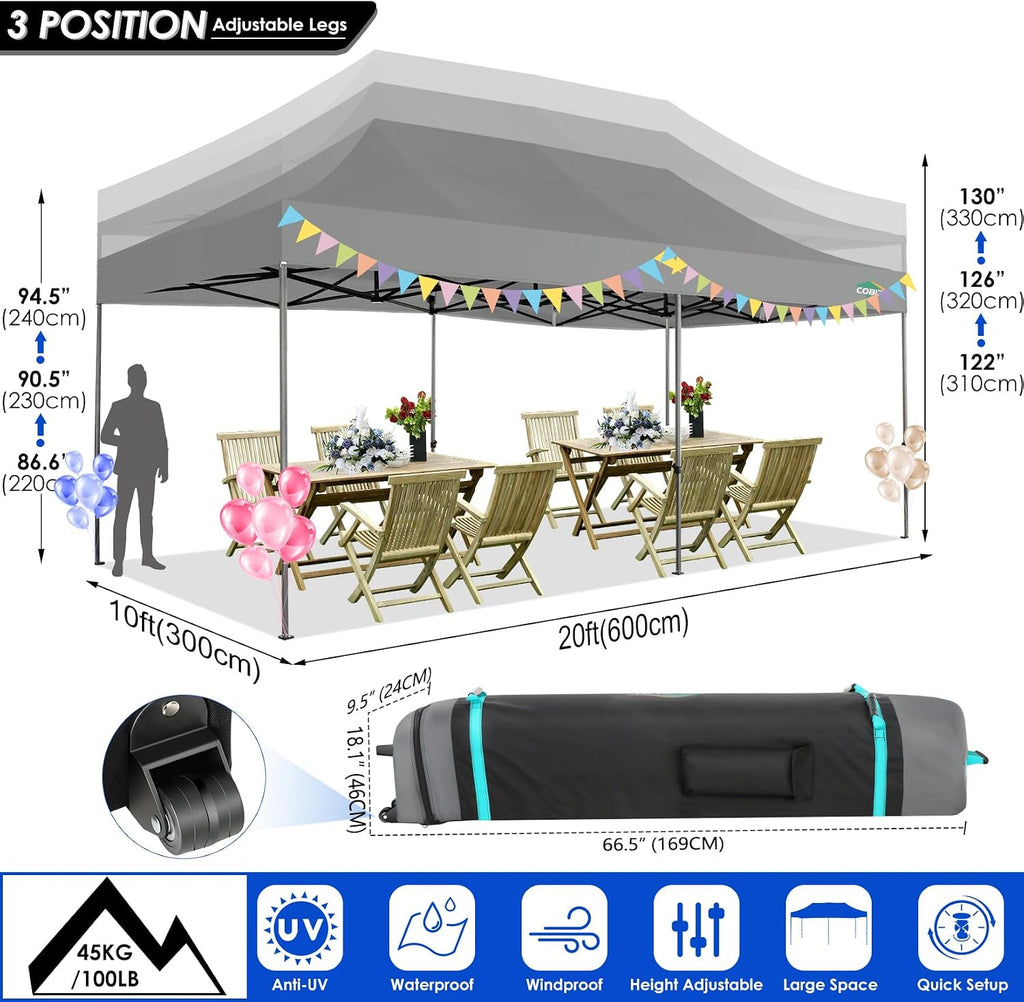 COBIZI 10x20 Canopy with Sidewalls, Heavy Duty Party Tent Pop up Canopy, Tents for Parties, Wedding, Outdoor Easy up Foldable Portable Canopy Tent with Wheeled Bag, Grey(Windproof Upgrade)