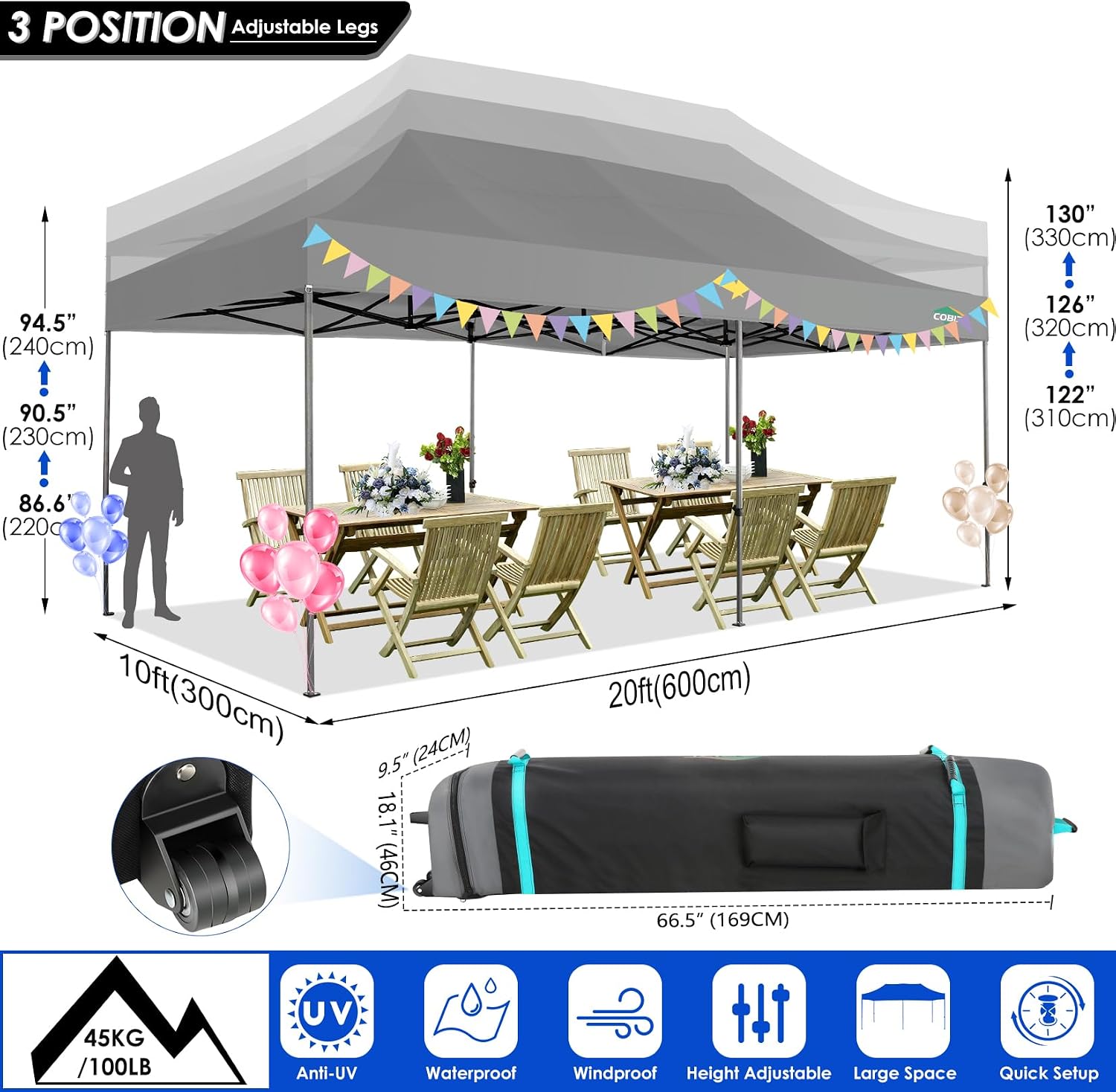COBIZI 10x20 Canopy with Sidewalls, Heavy Duty Party Tent Pop up Canopy, Tents for Parties, Wedding, Outdoor Easy up Foldable Portable Canopy Tent with Wheeled Bag, Grey(Windproof Upgrade)