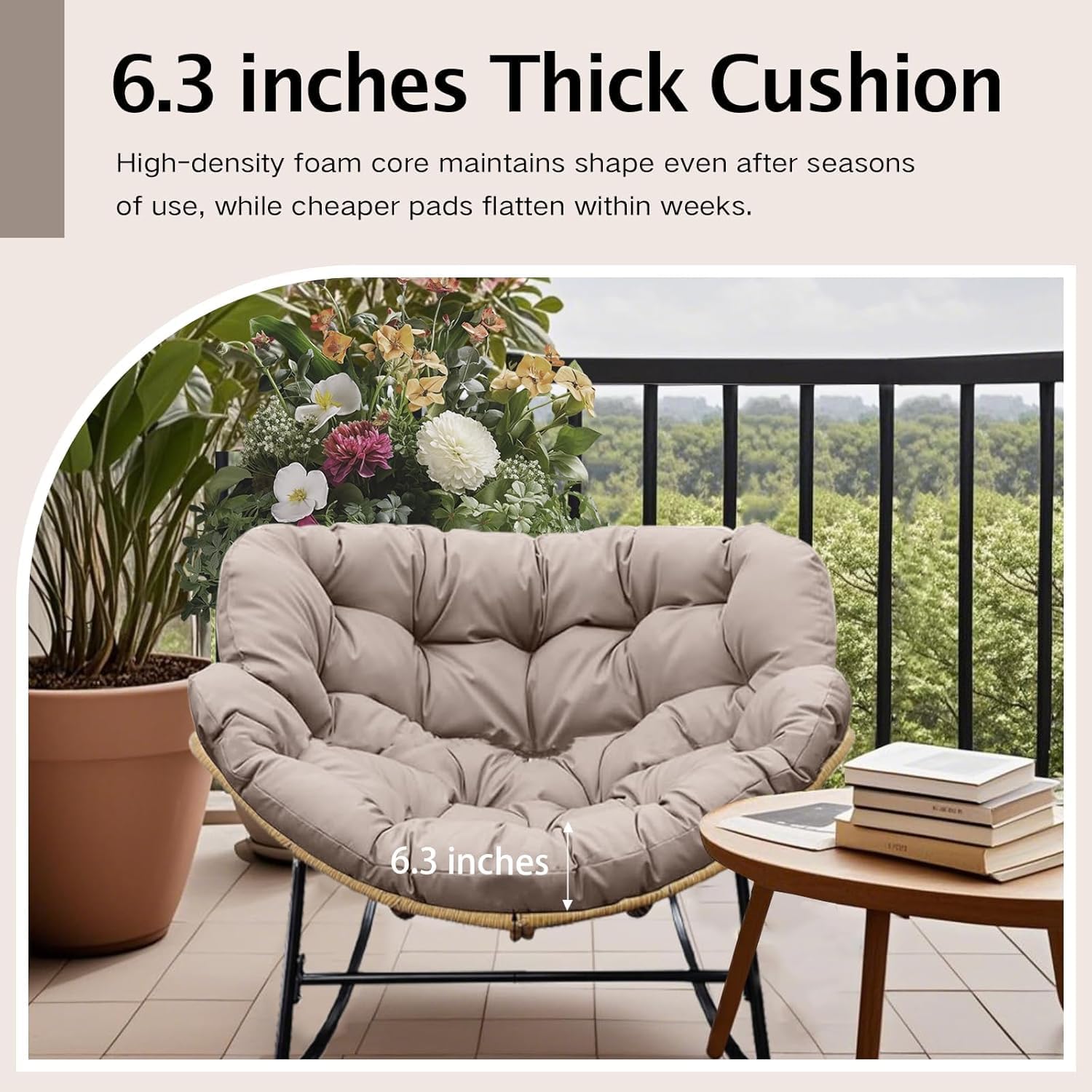 Thickened Waterproof Papasan Rocking Chair Cushion – 6.3'' Patio Egg Chair Pad with Ties, Outdoor/Indoor Rattan Hammock Chair Cushion for Porch, Garden, Balcony (Only Cushion) (Beige)