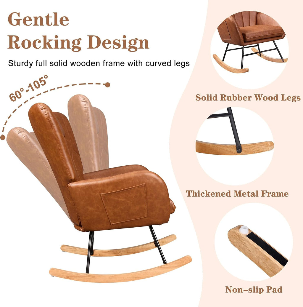 VECELO Rocking Chair Nursery with Thick Headrest, Modern PU Upholstered Reading Glider Rocker Accent Armchair with High Backrest, Padded Seat, Side Pocket, for LivingRoom, Bedroom, Baby Room, Brown