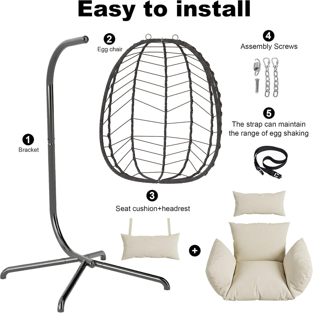 LEX CRAFT Hanging Egg Chair with Stand, Swinging Egg Chair Outdoor Indoor, Hanging Basket Chair with Cushion, Patio Wicker Hammock Chair 350lbs Capacity for Porch, Balcony, Backyard, Garden (Beige1)