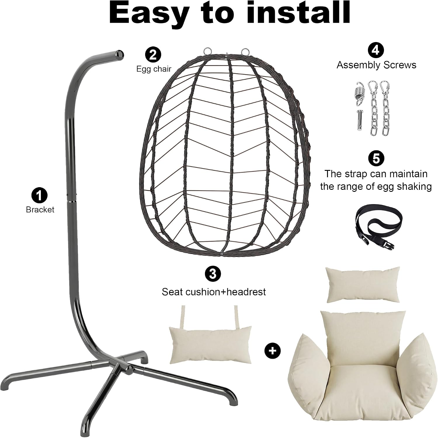 LEX CRAFT Hanging Egg Chair with Stand, Swinging Egg Chair Outdoor Indoor, Hanging Basket Chair with Cushion, Patio Wicker Hammock Chair 350lbs Capacity for Porch, Balcony, Backyard, Garden (Beige1)
