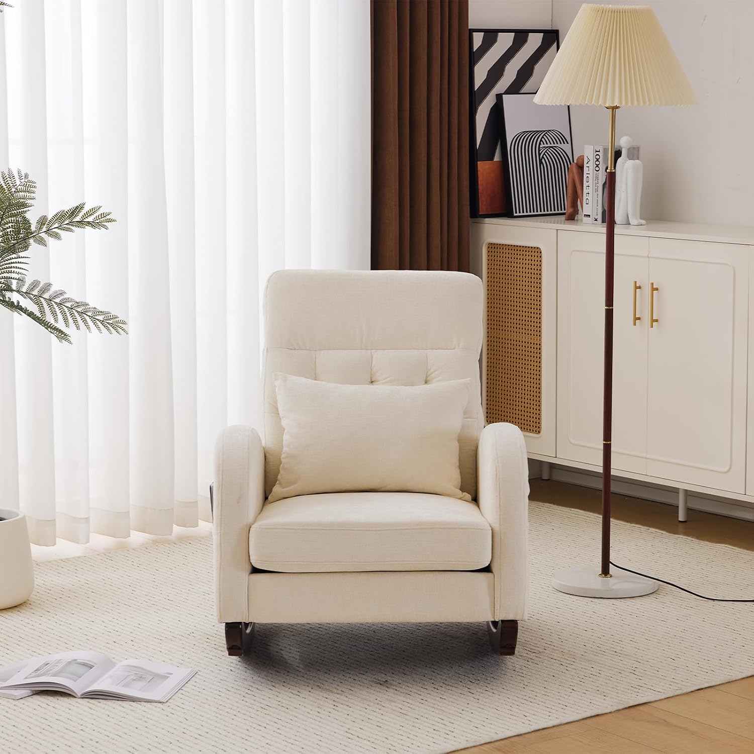 VINGLI Chenille Low Seat Rocking Chair,Upholstered Nursery Glider Chair with Side Pockets,Accent Arm Chair with High Backrest,Comfy Head Rest, and Solid Wood Base For Living Room Bedroom Balcony,Beige