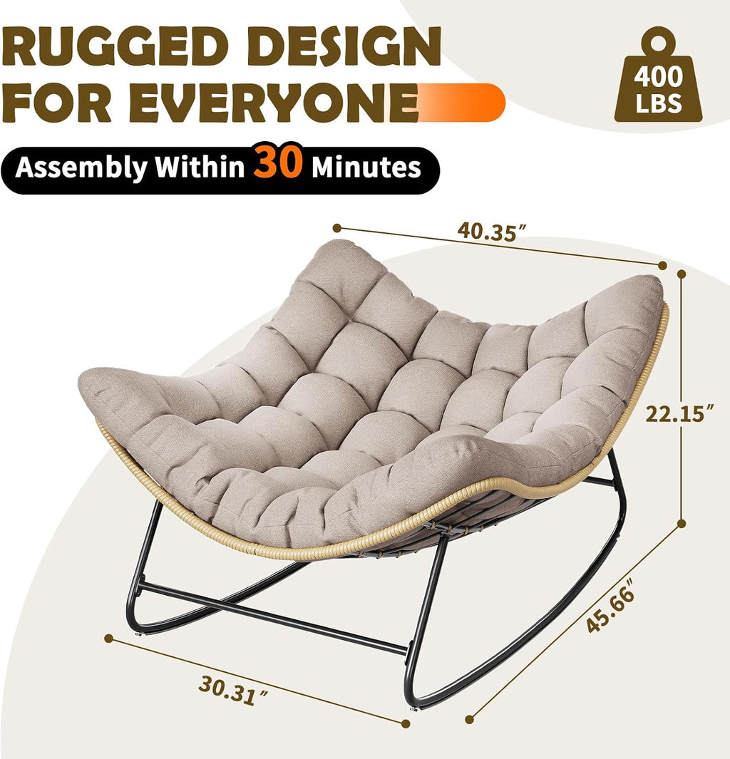 Outdoor Rocking Chair, Indoor Papasan Chair, Oversized Egg Rocking Chair with Thick Cushion, Rattan Wicker Rocker Lounge Chair for Bedroom, Living Room, Patio, Garden, Porch (Beige)