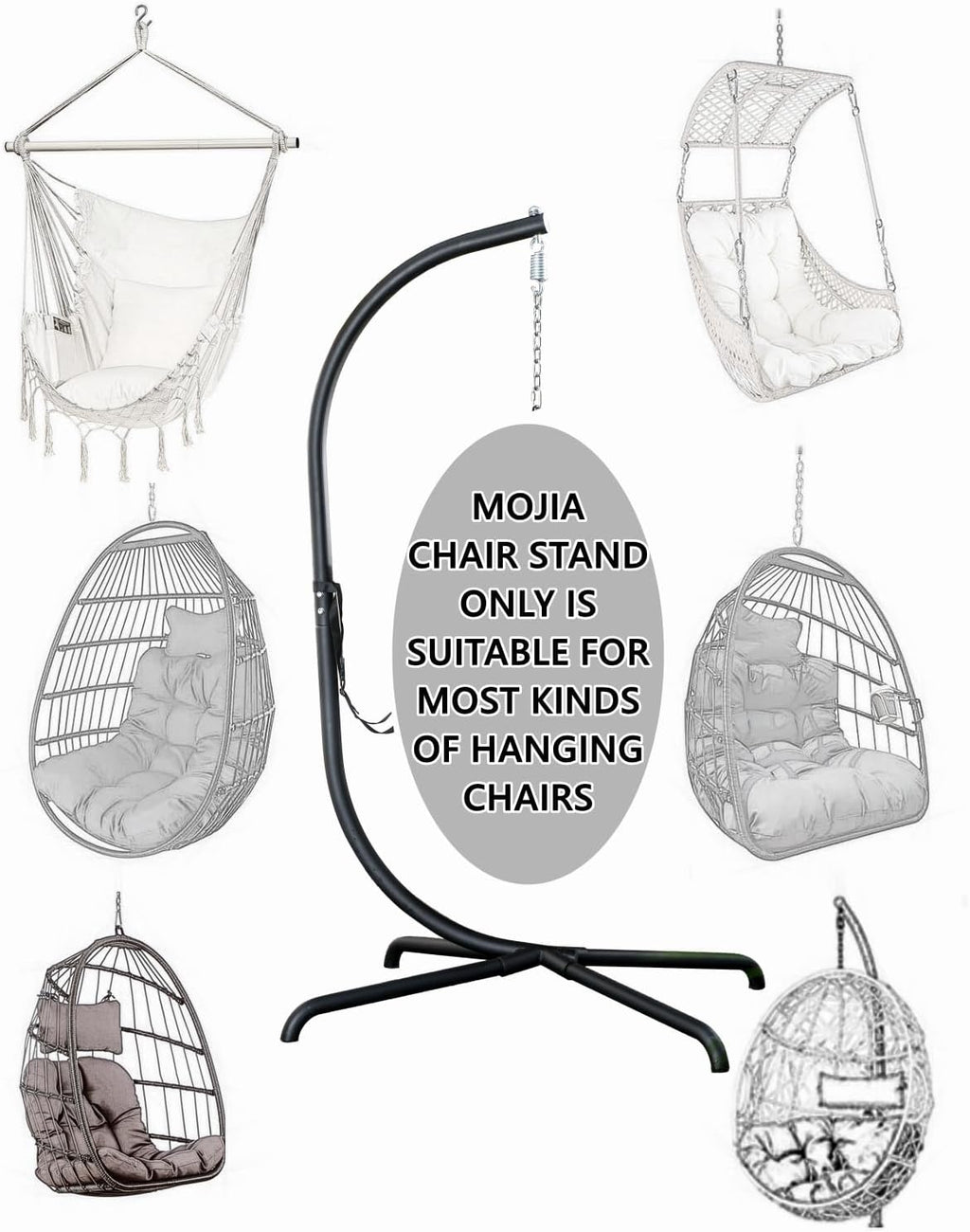 Hanging Egg Chair Stand Only, Hammock Chair C-Stand with Hanging Chain, Snap Hook, Pin Plug, Spring for Patio Macrame Hammock Swinging Chair 440lbs Capacity (Black)