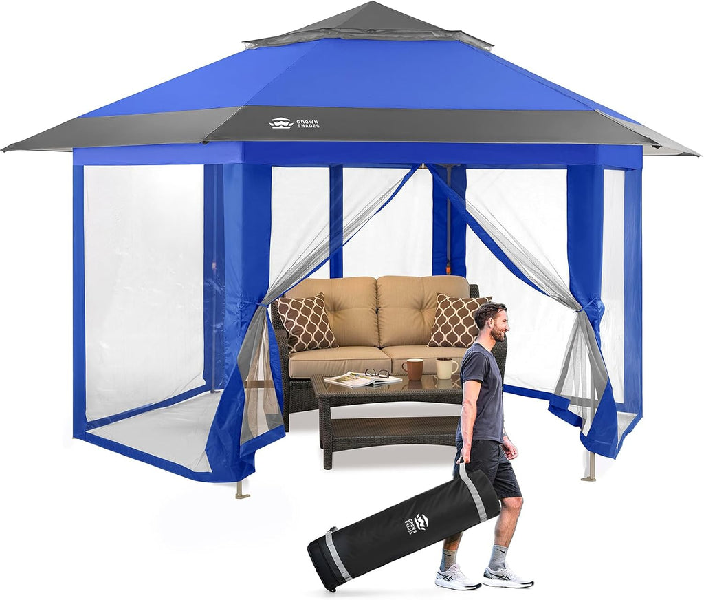 CROWN SHADES 12x12 Pop Up Gazebo with Mosquito Nettings, Patented Center Lock 6-Sided Portable Gazebo, 300D Silver-Coated Fabric UV Resistant, Pop Up Canopy Tent for Patio, Party, Blue&Light Grey