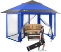 CROWN SHADES 12x12 Pop Up Gazebo with Mosquito Nettings, Patented Center Lock 6-Sided Portable Gazebo, 300D Silver-Coated Fabric UV Resistant, Pop Up Canopy Tent for Patio, Party, Blue&Light Grey