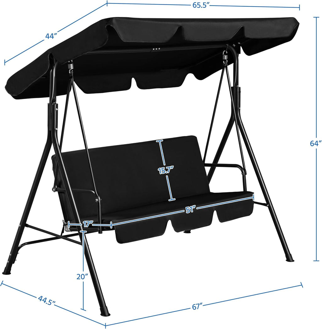 Yaheetech 3-Seat Patio Swing Chair, Outdoor Canopy Porch with Adjustable Canopy & Removable Cushion, Hanging Glider Lounge Chair for Patio, Garden, Yard, Porch - Black