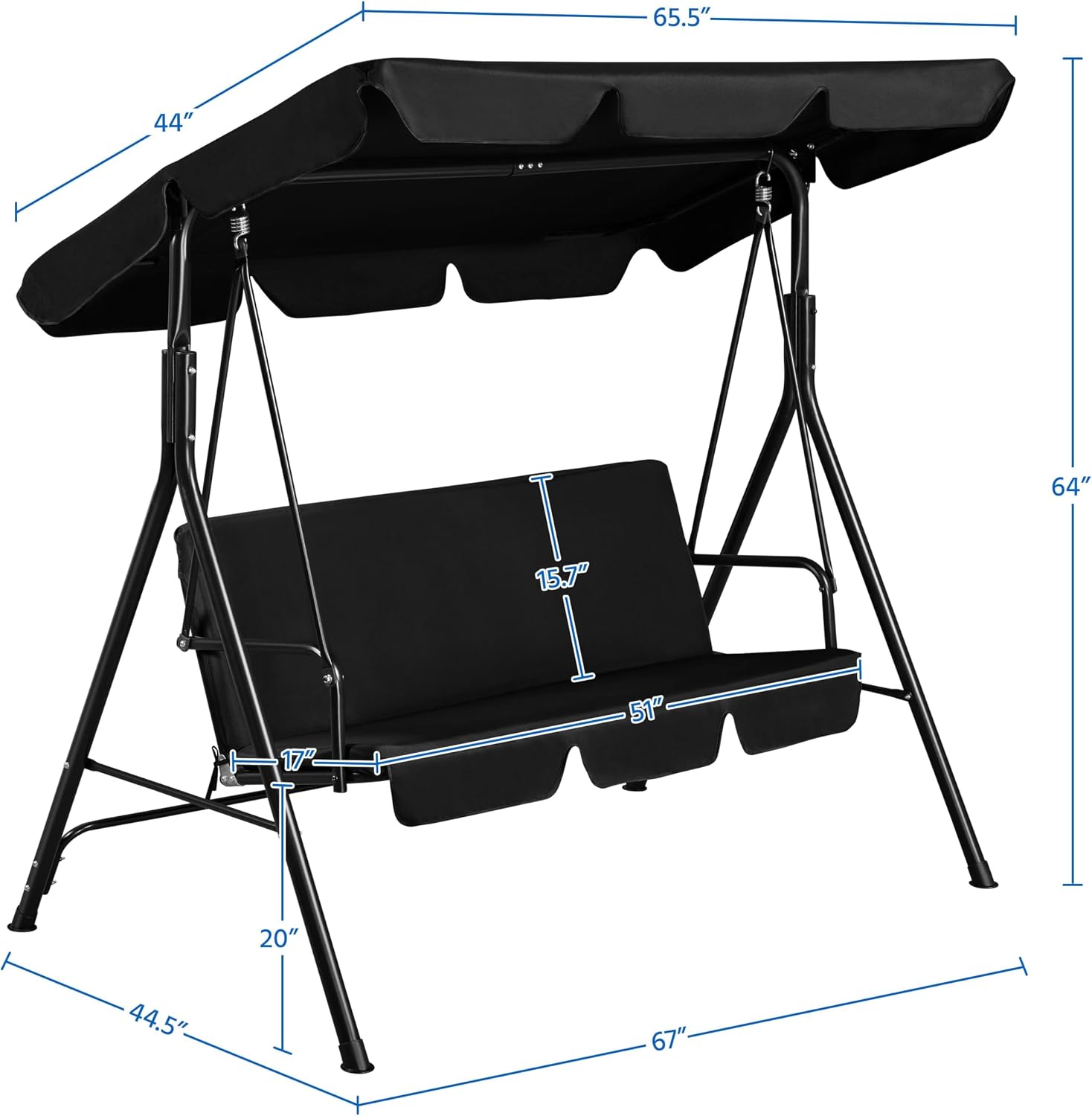 Yaheetech 3-Seat Patio Swing Chair, Outdoor Canopy Porch with Adjustable Canopy & Removable Cushion, Hanging Glider Lounge Chair for Patio, Garden, Yard, Porch - Black