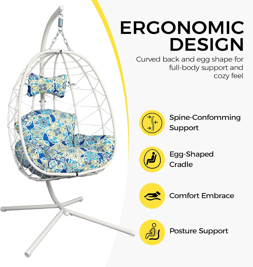 Egg Chair with Stand, Wicker Hanging Chair for Outdoor Patio, Cushioned Hammock Swing for Bedroom Garden Indoor/Outdoor, Double-Zipper Structure Hanging Egg Chair (White and Moroccan)